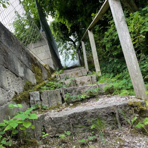 Eine steile, schmale und stark verwitterte Außentreppe aus Beton führt zwischen einer Mauer mit Maschendrahtzaun und dichter grüner Vegetation nach oben. Die Stufen sind teilweise beschädigt, uneben und überwuchert; rechts verläuft ein einfaches Holzgeländer.