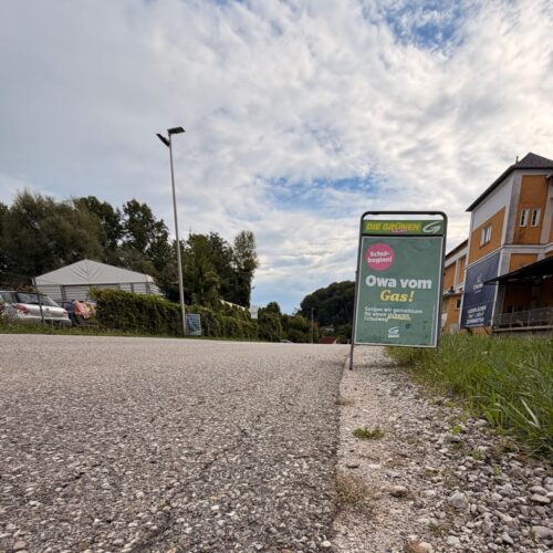 Am Straßenrand in Thalheim steht eine grüne Hinweistafel der Grünen Thalheim mit der Aufschrift „Schulbeginn! Owa vom Gas! Sorgen wir gemeinsam für einen sicheren Schulweg“. Im Hintergrund sind Straße, Häuser und Bäume unter einem leicht bewölkten Himmel zu sehen.